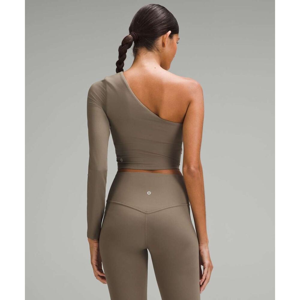 Lululemon Shirt Womens 6 Align LS Nomad Brown One Shoulder Crop Bra Asymmetric